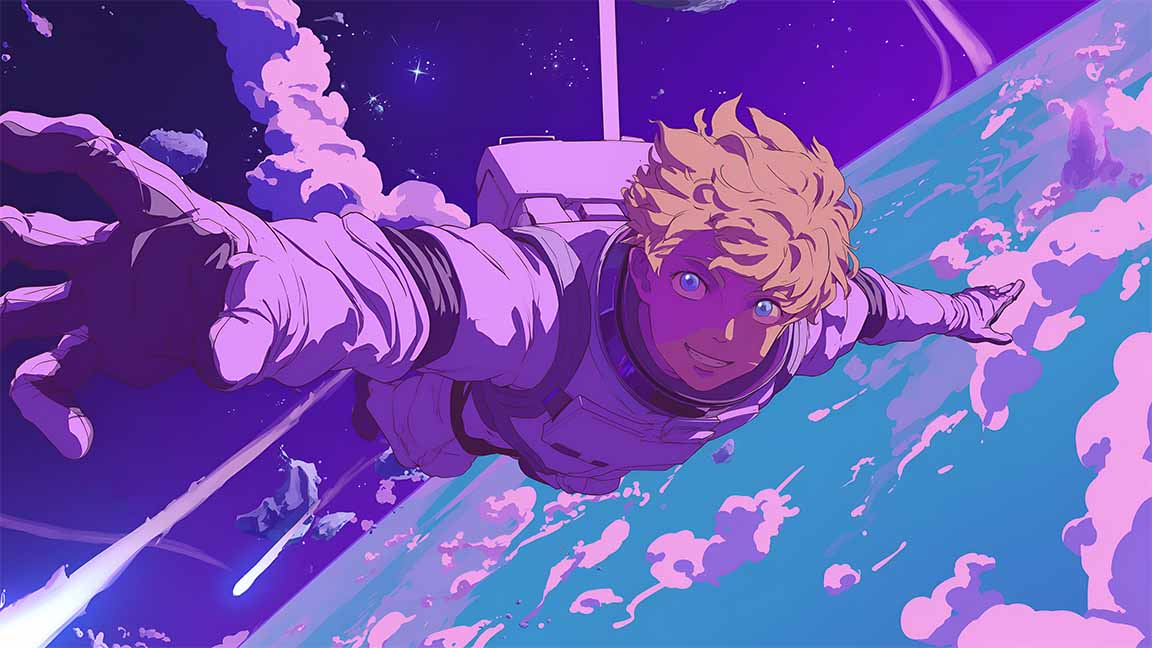 astronaut flying in galaxy anime desktop wallpaper cover