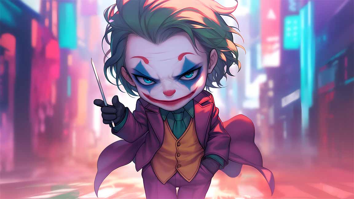 chibi joker neon city desktop wallpaper cover