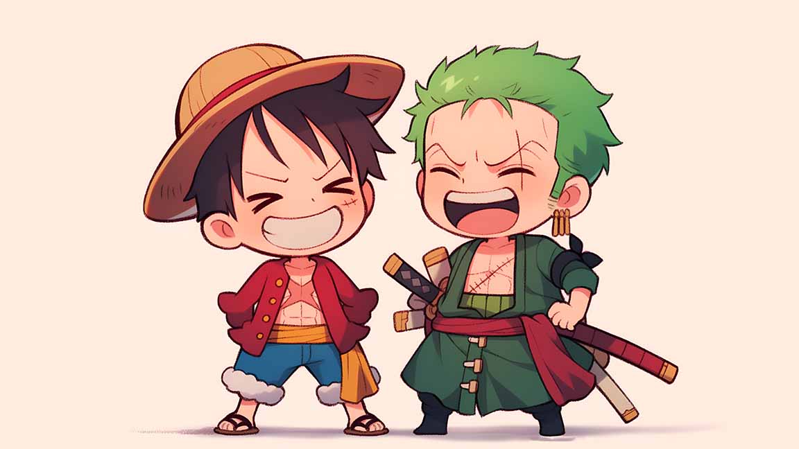 chibi luffy & zoro one piece laugh desktop wallpaper cover