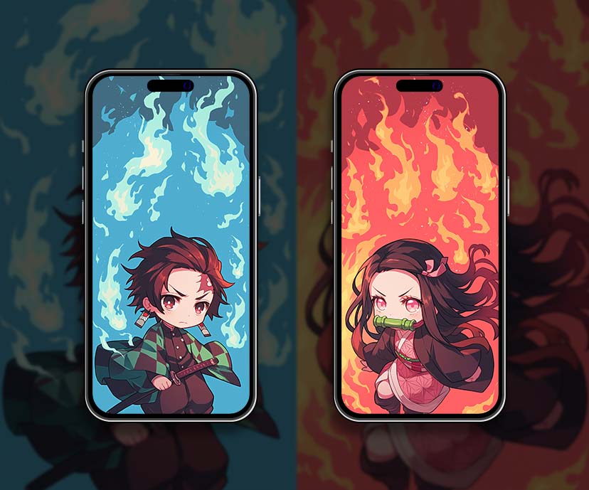 chibi tanjiro nezuko flame water matching wallpaper collection