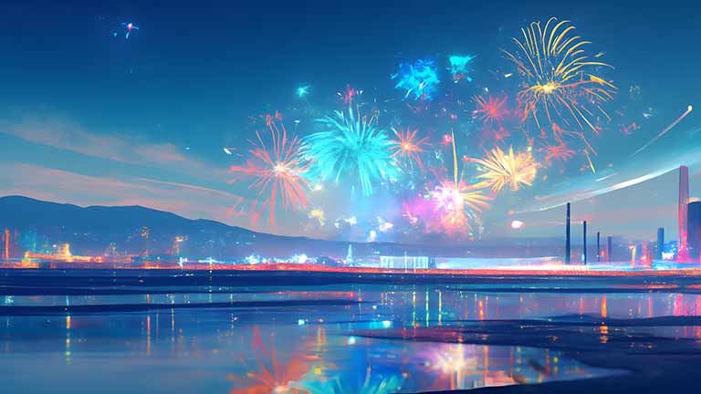 city skyline fireworks display desktop wallpaper cover