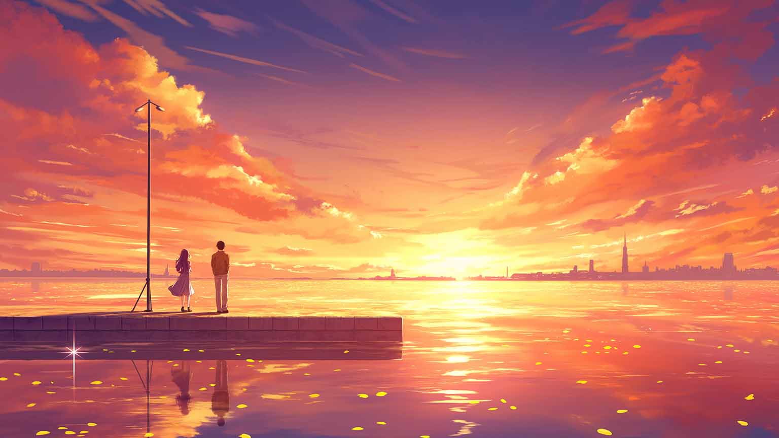 couple watching sunset on pier desktop wallpaper cover