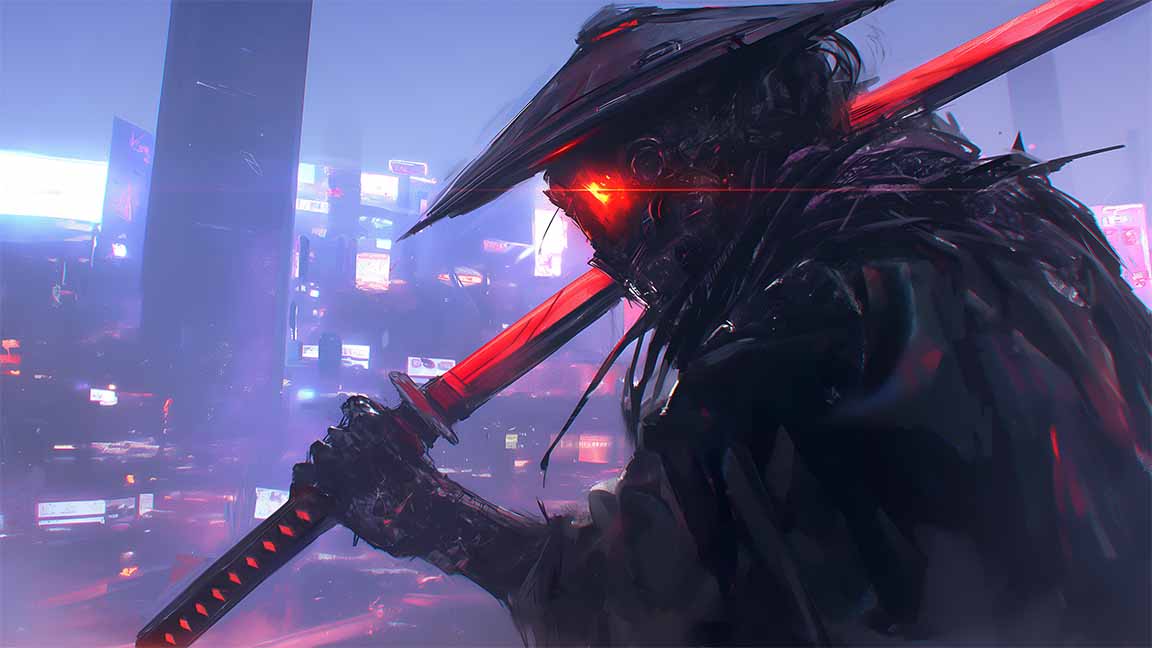 cyberpunk samurai glowing red sword desktop wallpaper cover
