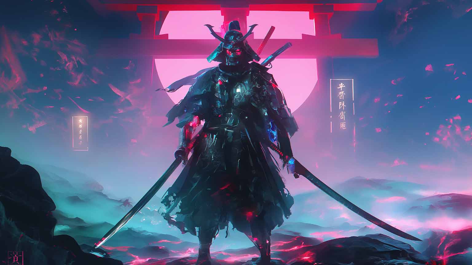 cyberpunk samurai with two swords desktop wallpaper cover