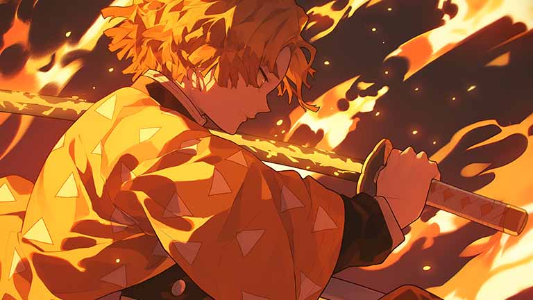 demon slayer zenitsu with flame desktop wallpaper cover