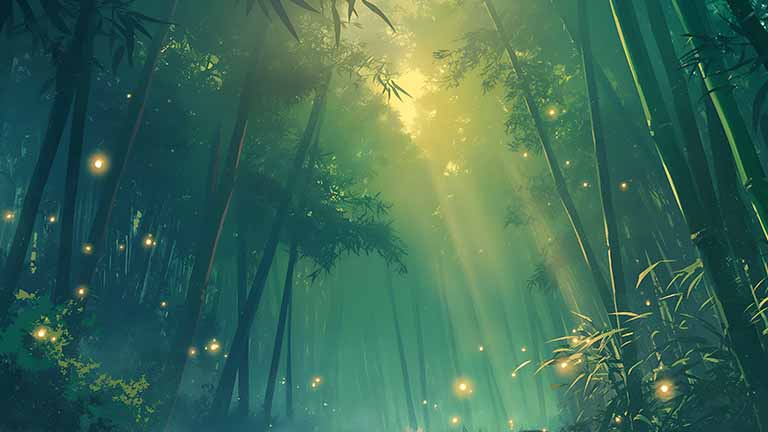 enchanted bamboo forest with sunbeams desktop wallpaper cover