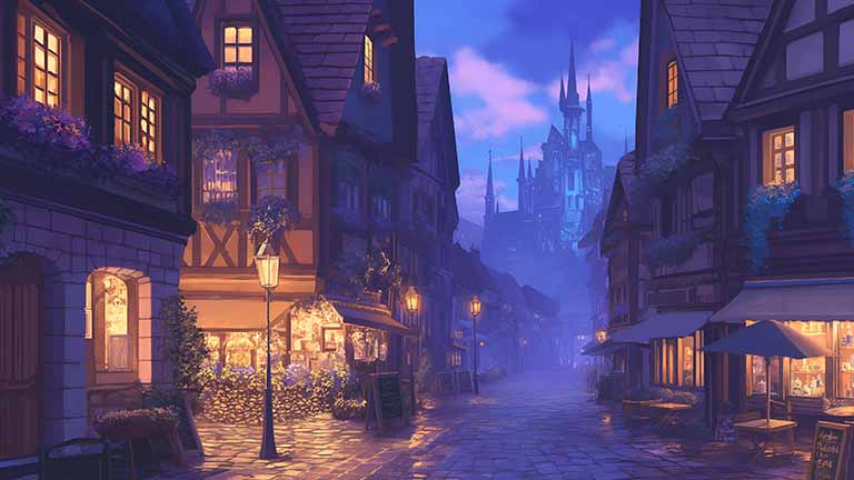 fantasy town at dusk desktop wallpaper cover