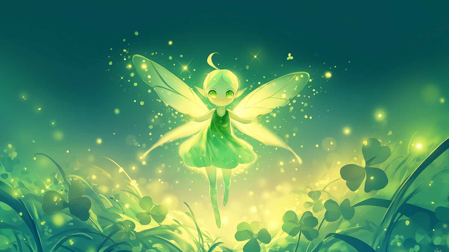 green fairy with glowing wings desktop wallpaper cover