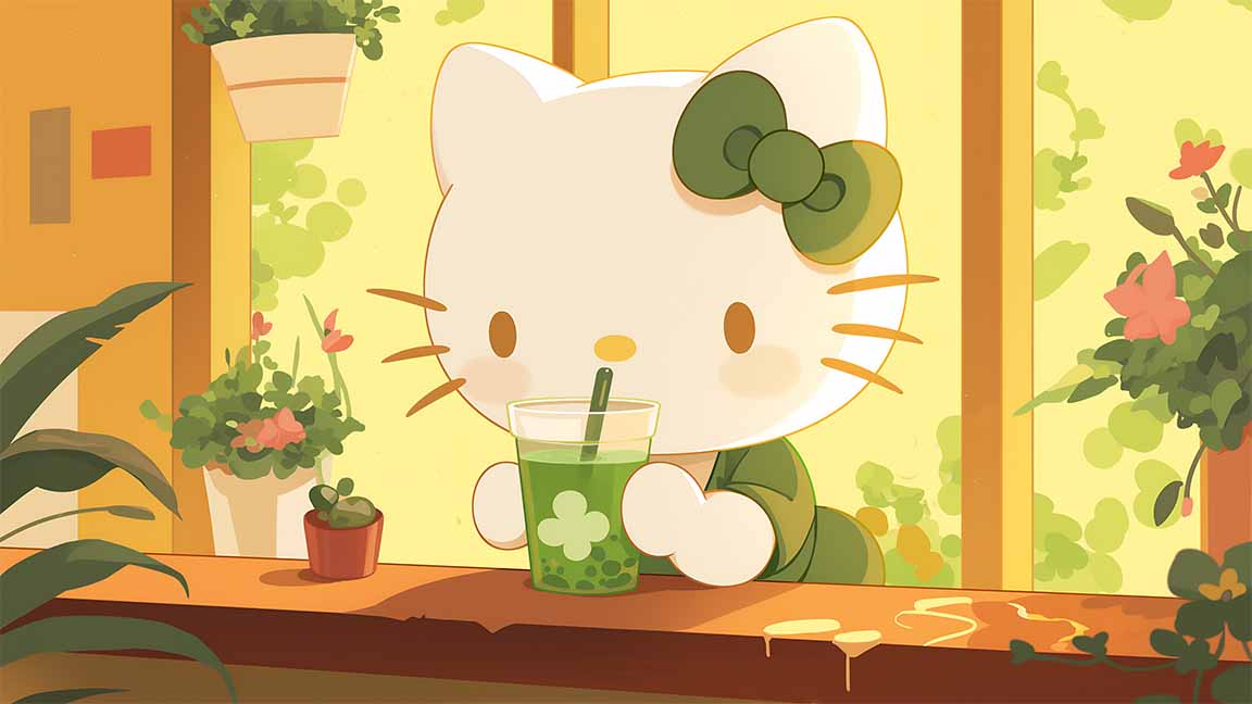 hello kitty matcha latte st patrick's day desktop wallpaper cover