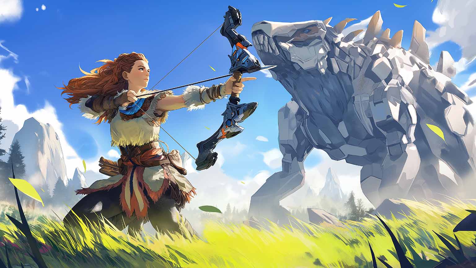 horizon zero dawn aloy fighting machine desktop wallpaper cover