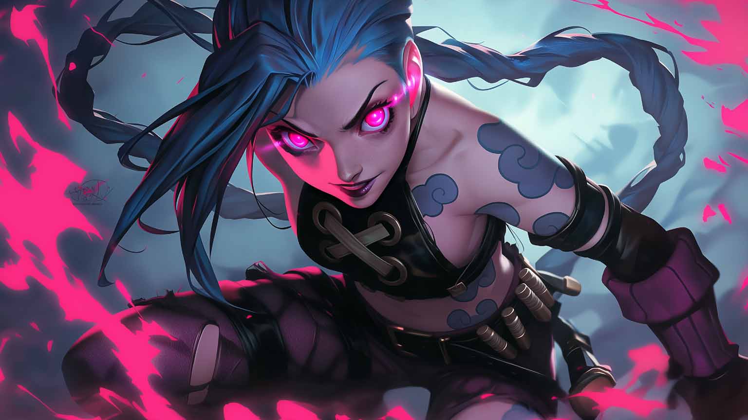 league of legends jinx with pink smoke desktop wallpaper cover
