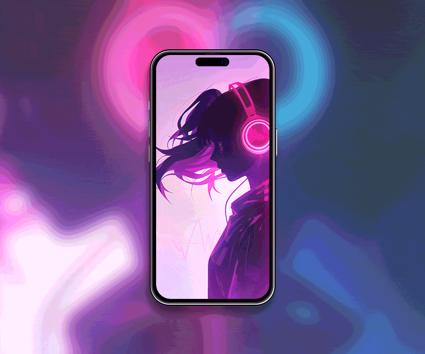 neon girl in headphones tap to switch wallpapers collection