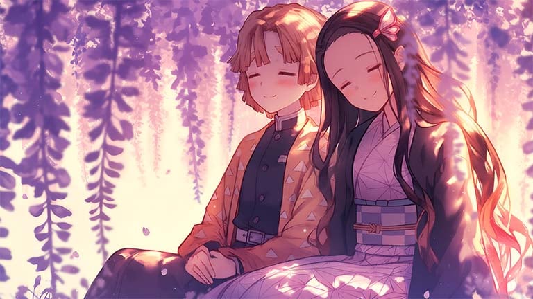 nezuko zenitsu wisteria demon slayer desktop wallpaper cover
