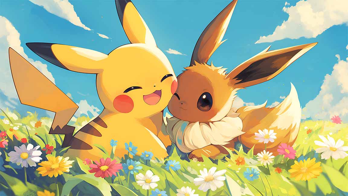 pikachu & eevee sunny meadow friendship desktop wallpaper cover