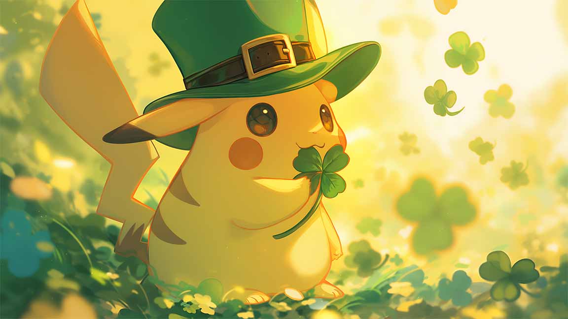 pikachu forest clover st patrick's day desktop wallpaper cover