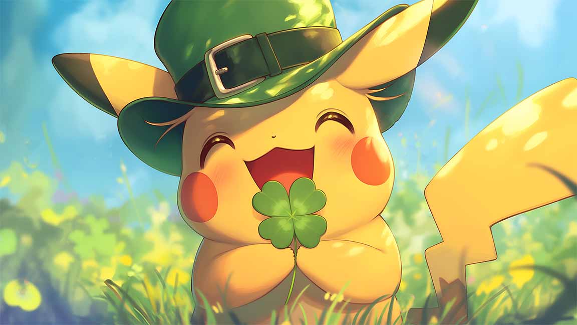 pikachu lucky leprechaun hat clover st patrick's day desktop wallpaper cover