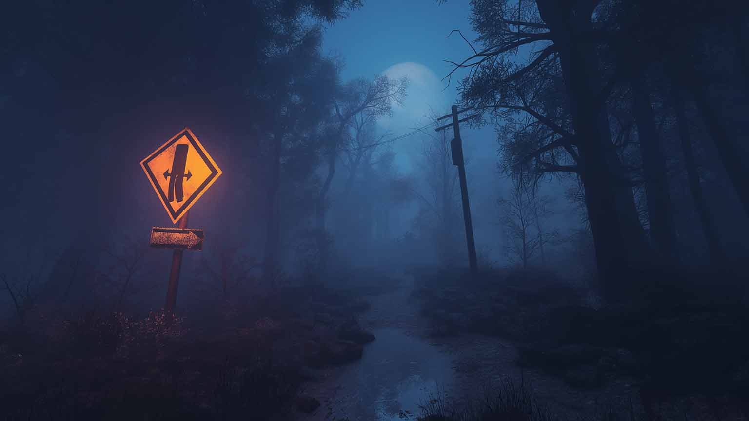scary forest with warning sign desktop wallpaper cover