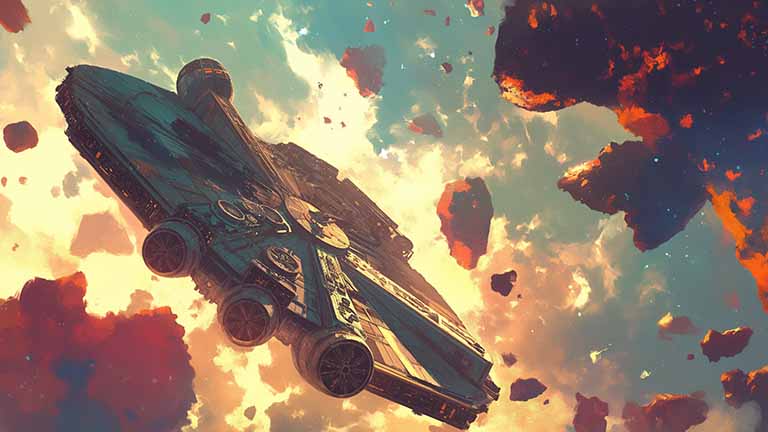 star wars millennium falcon in asteroid field desktop wallpaper cover
