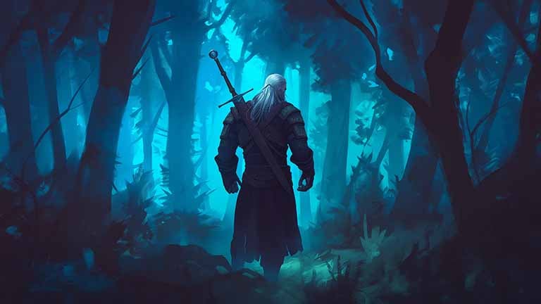 the witcher geralt of rivia in dark forest desktop wallpaper cover