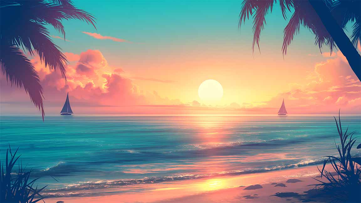 tropical sunset beach palm trees dreamy desktop wallpaper cover