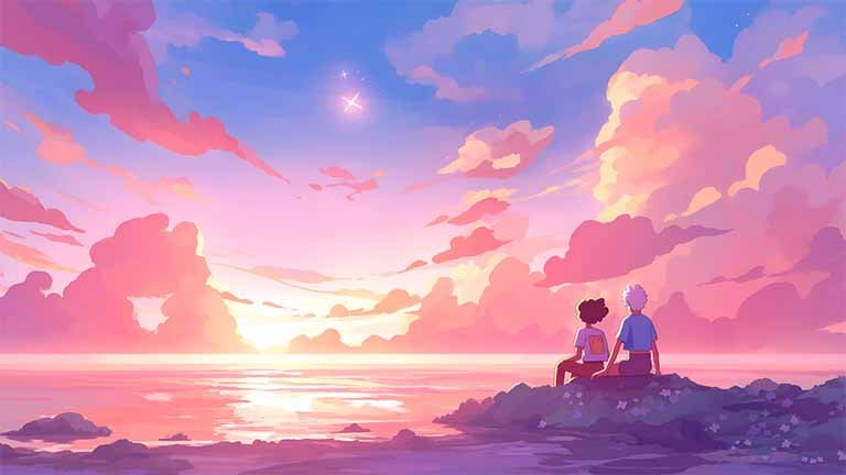 watching awesome sunset with friends laptop wallpaper cover
