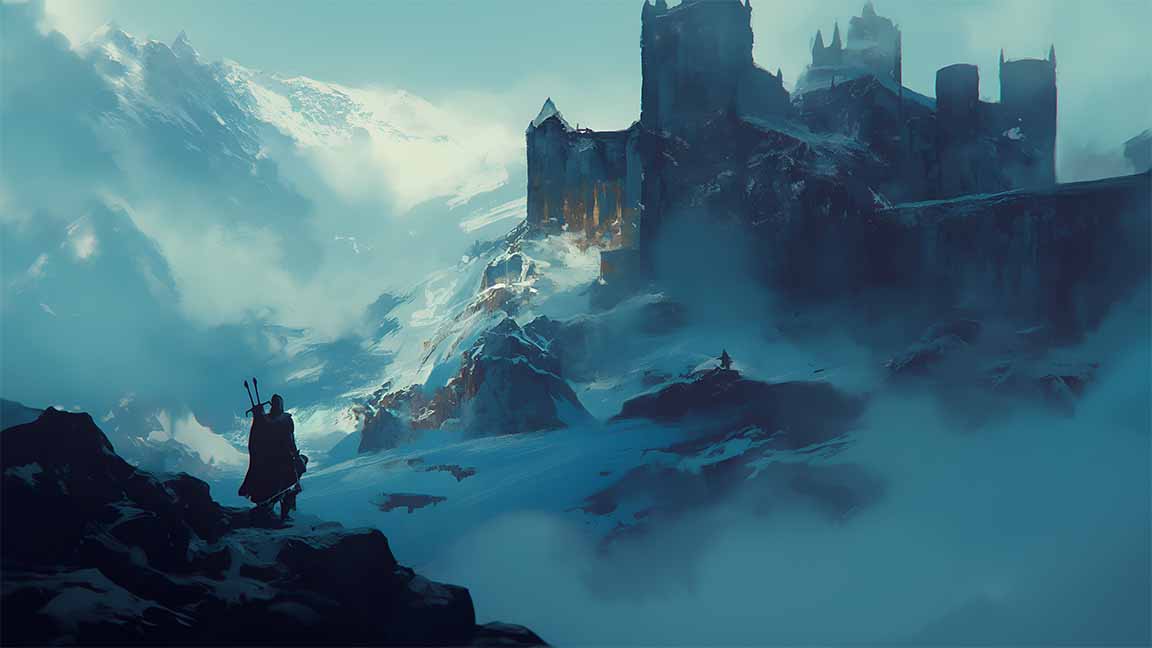 witcher castle misty snowy mountain journey desktop wallpaper cover