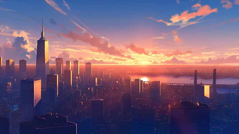 anime city horizon sunset desktop wallpaper cover