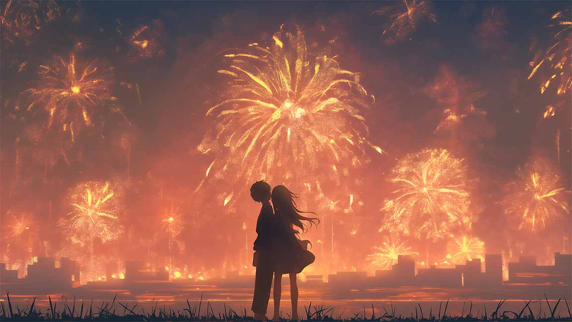 anime couple fireworks romantic glow desktop wallpaper cover