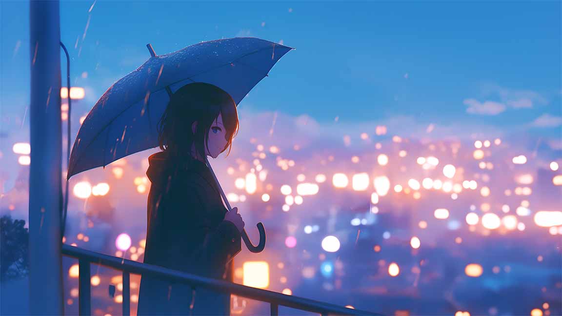 anime girl balcony umbrella city lights rain desktop wallpaper cover