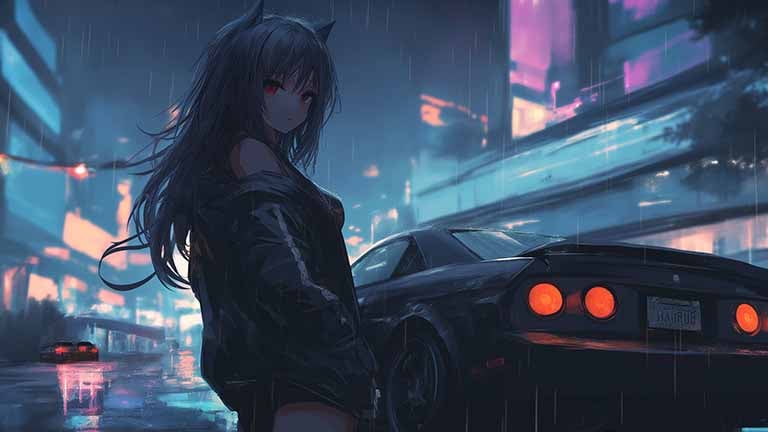 anime girl rain car desktop wallpaper cover