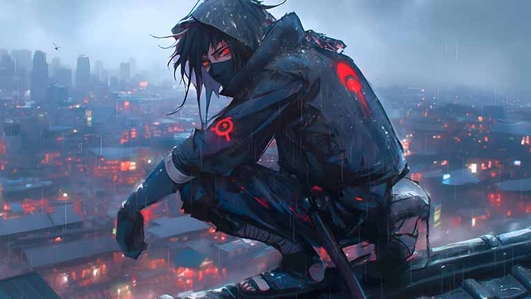anime ninja city rain desktop wallpaper cover