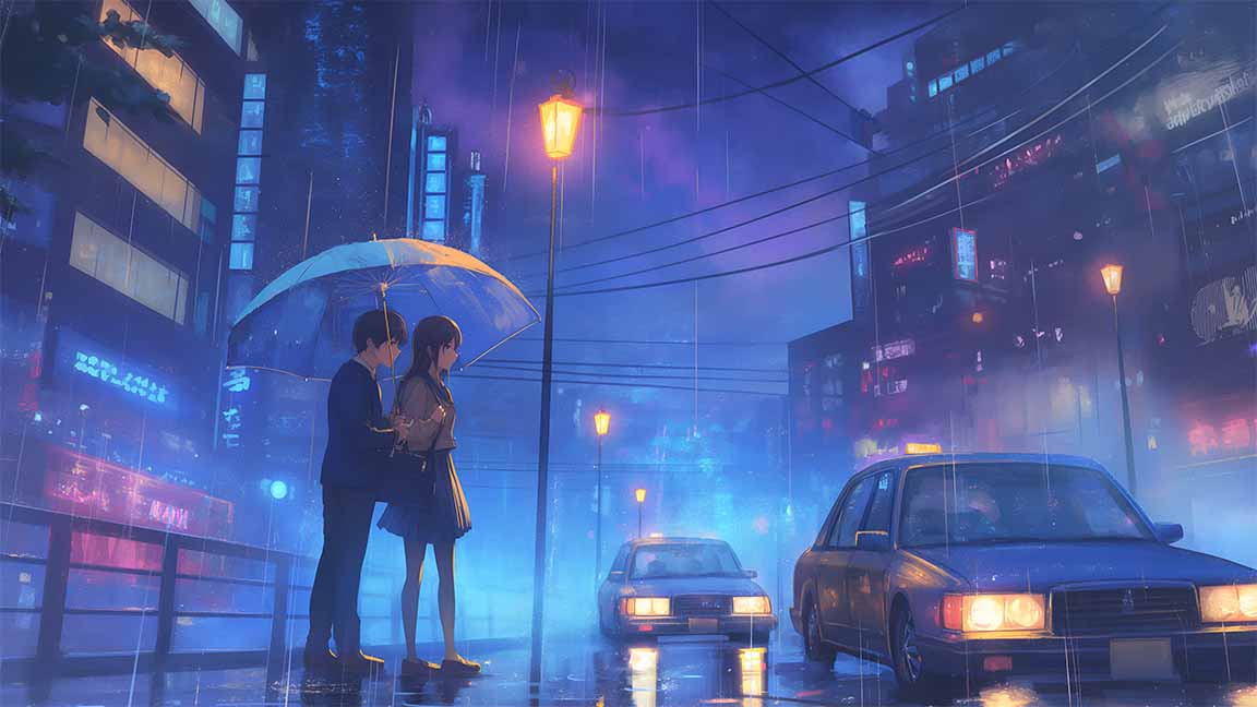 anime rainy street couple city lights intimate scene desktop wallpaper cover