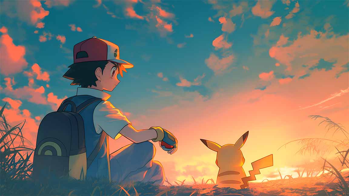 ash pikachu sunset journey nostalgic moment desktop wallpaper cover
