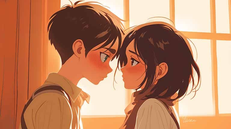 attack on titan eren mikasa love atmosphere desktop wallpaper cover