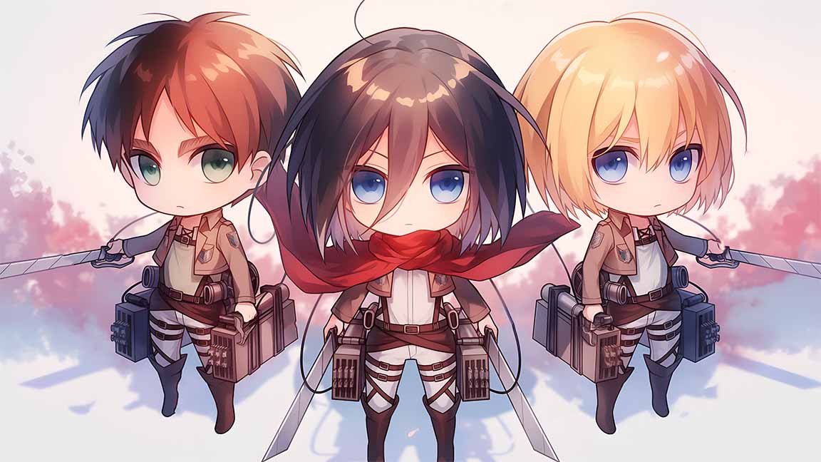 chibi eren mikasa armin attack on titan desktop wallpaper cover