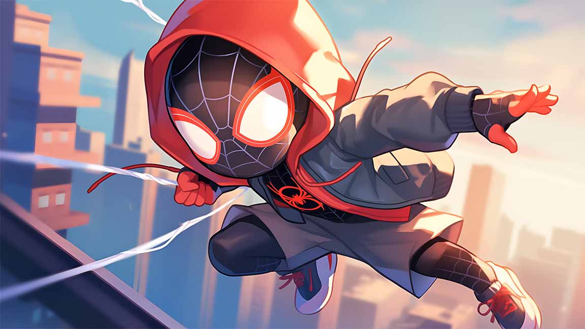 chibi miles morales action leap web swing desktop wallpaper cover