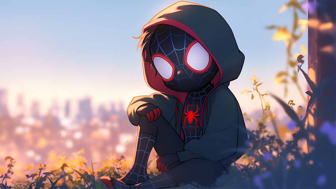 chibi miles morales quiet city scene desktop wallpaper cover