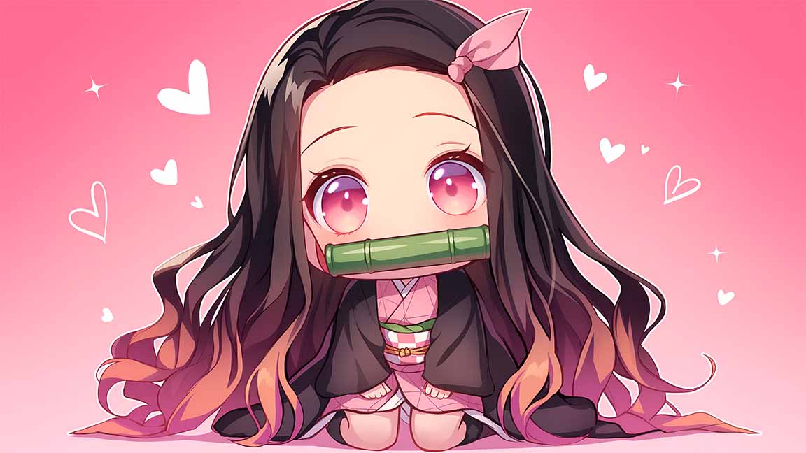 chibi nezuko kamado pink heart anime desktop wallpaper cover