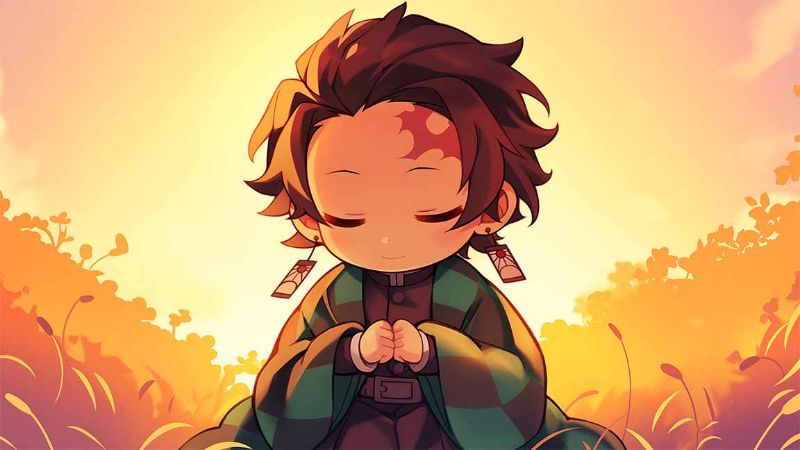 chibi tanjiro sunset meditation demon slayer desktop wallpaper cover