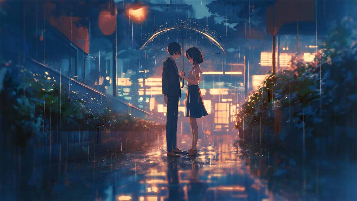 couple umbrella glowing street romance rain desktop wallpaper cover