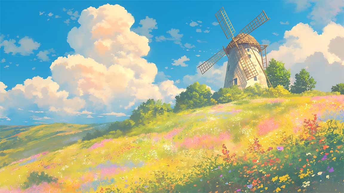 cozy windmill field wildflowers blue sky desktop wallpaper cover
