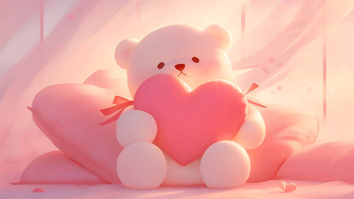 cute teddy bear holding heart soft pink scene desktop wallpaper cover