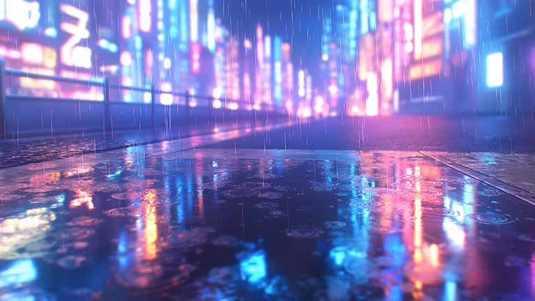 cyberpunk city rainy night neon reflections desktop wallpaper cover