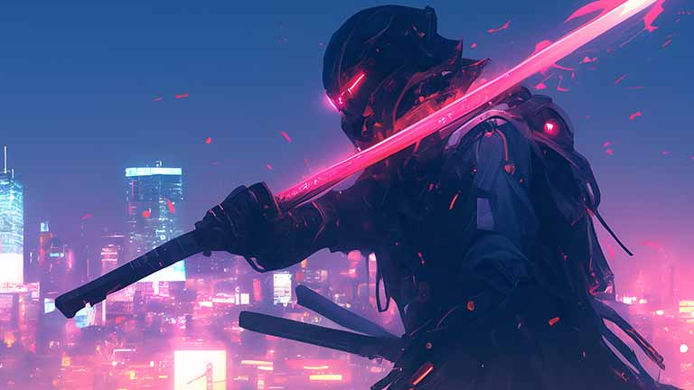 cyberpunk samurai glowing sword desktop wallpaper cover