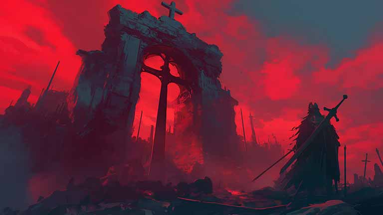 dark fantasy knight ruins red sky desktop wallpaper cover