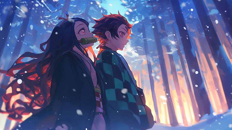 demon slayer kimono snow desktop wallpaper cover