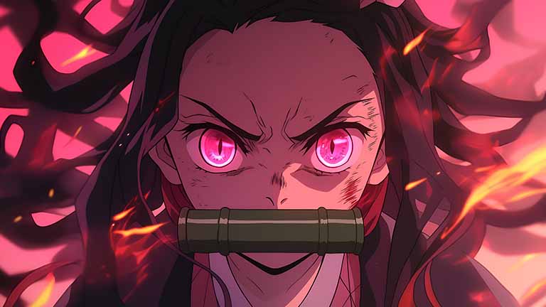 demon slayer nezuko fierce eyes desktop wallpaper cover
