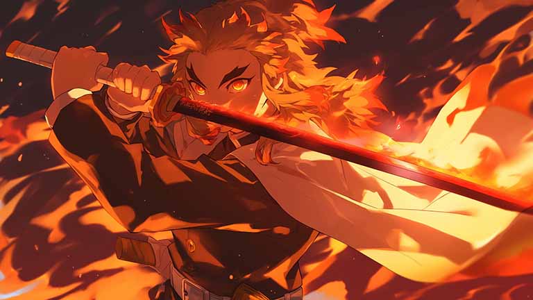 demon slayer rengoku flame blade desktop wallpaper cover