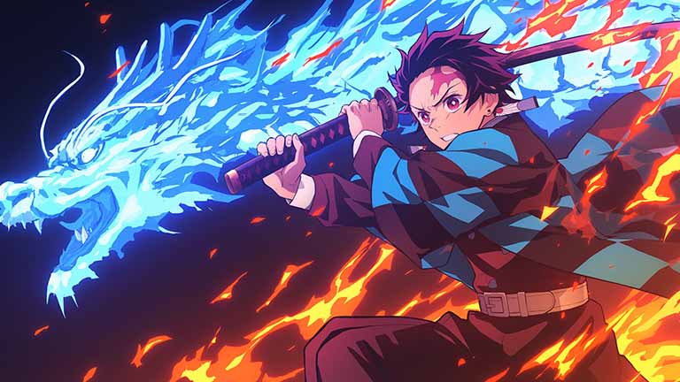 demon slayer tanjiro flame dragon art desktop wallpaper cover