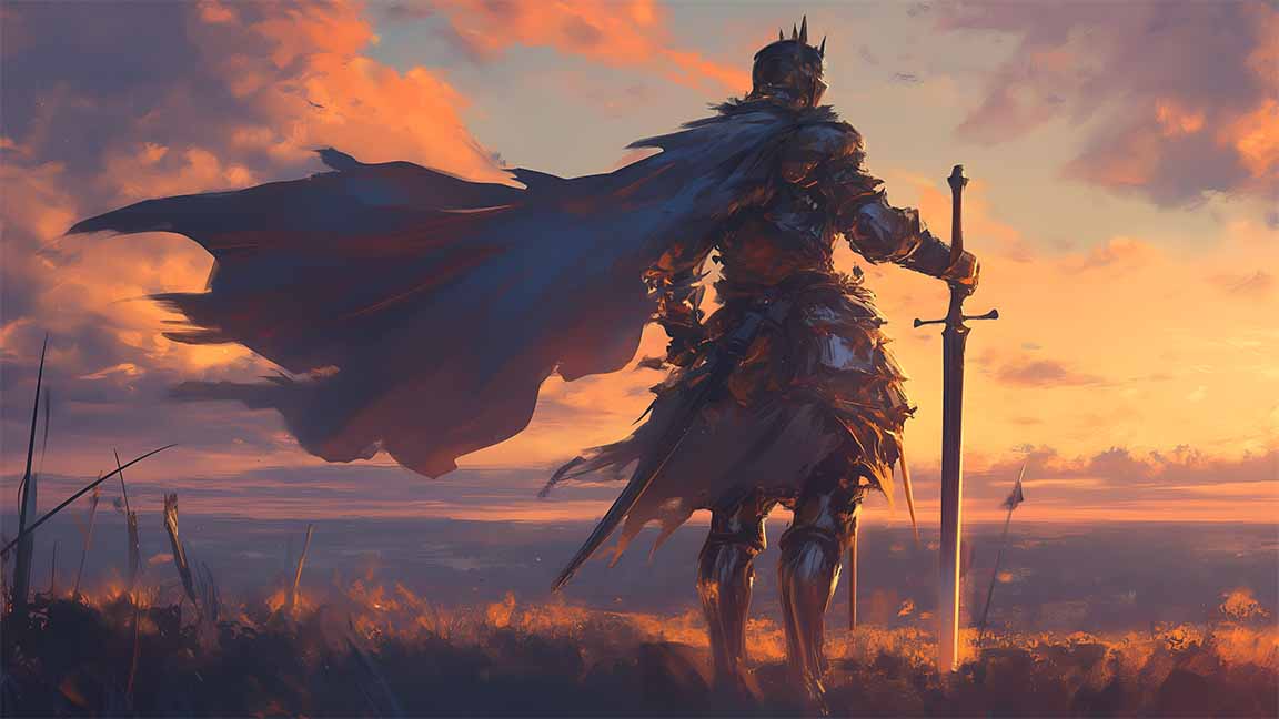 epic knight on sunrise battlefield desktop wallpaper cover